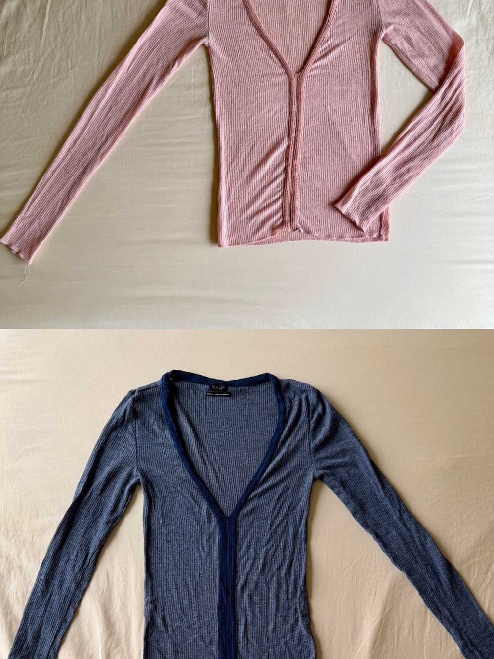 Urban Outfitters Ribbed V-Neck Long Sleeve Tops in Pink and Blue